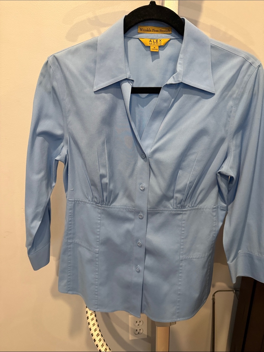 Alex Marie Pale Blue Button-Front Women’s Shirt with Shirred Waist